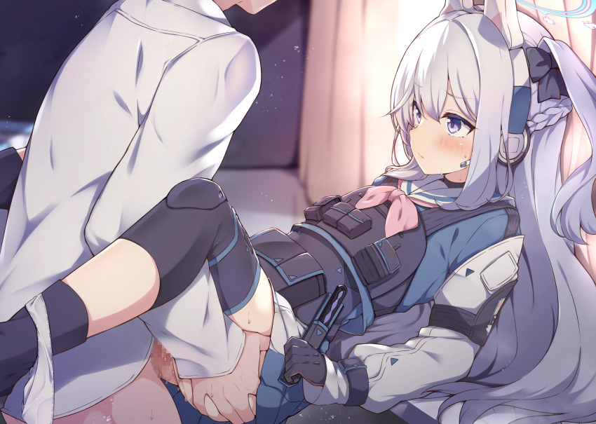 1boy 1girl absurdres ass_grab black_bow black_gloves black_socks blue_archive blue_halo blush bow braid bulletproof_vest censored clothed_sex commentary_request flat_chest french_braid gloves grabbing_another's_ass groping hair_bow half-closed_eyes halo hetero highres indoors jon_(pixiv31559095) knee_pads long_hair long_sleeves lying miniskirt missionary miyako_(blue_archive) mosaic_censoring on_back one_side_up panties panties_around_one_leg penis pink_bow purple_eyes pussy_juice sailor_collar sex skirt socks underwear vaginal white_panties white_sailor_collar