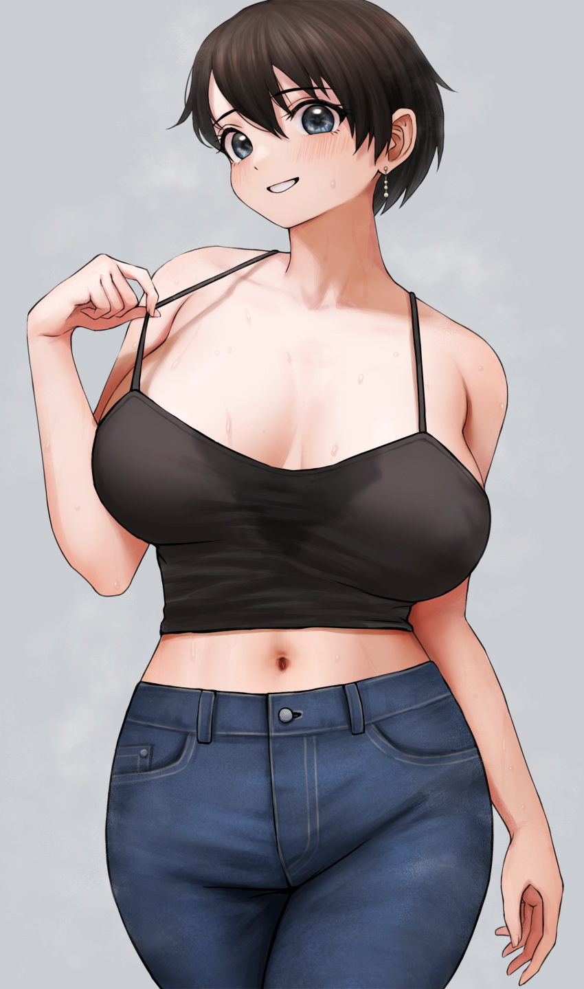 1girl absurdres arm_at_side blue_eyes blush breasts brown_hair cleavage collarbone commentary crop_top curvy denim earrings eyelashes grey_background hair_between_eyes highres jewelry large_breasts looking_at_viewer midriff mil_k_vanilla navel original parted_lips short_hair simple_background smile steam strap strap_pull sweat sweaty_clothes tomboy walking wide_hips