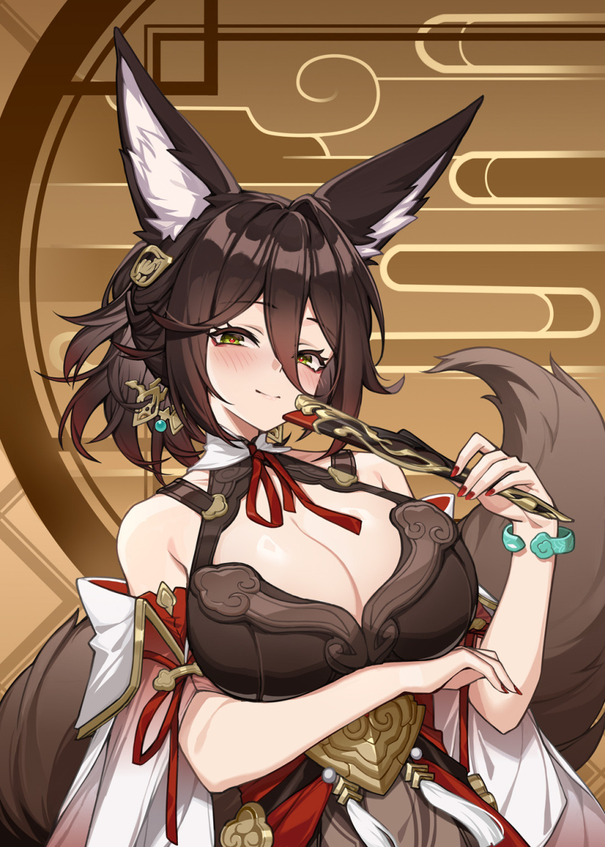 1girl animal_ears arm_under_breasts blush breasts brown_hair cleavage fox_girl fox_tail green_eyes hair_ornament hand_fan heart heart-shaped_pupils highres holding holding_fan honkai:_star_rail honkai_(series) large_breasts looking_at_viewer solo symbol-shaped_pupils tail tingyun_(honkai:_star_rail) yuxian_youka