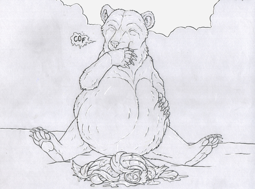 2023 after_vore bear belly big_belly bodily_fluids claws coughing death eyes_closed fatal_vore feral feral_pred finger_claws fully_inside greyscale hairball hi_res male male_pred mammal monochrome obese overweight quadruped saliva sitting solo strega toe_claws vore