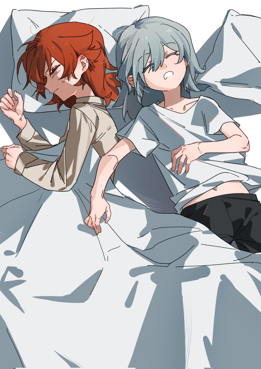 2girls aged_down black_pants child closed_eyes closed_mouth commentary drooling from_above grey_hair grey_shirt highres long_sleeves medium_hair molu_stranger multiple_girls on_bed open_mouth pajamas pants pillow red_hair reverse:1999 shirt short_sleeves sleeping sonetto_(reverse:1999) sweatdrop under_covers vertin_(reverse:1999) white_shirt
