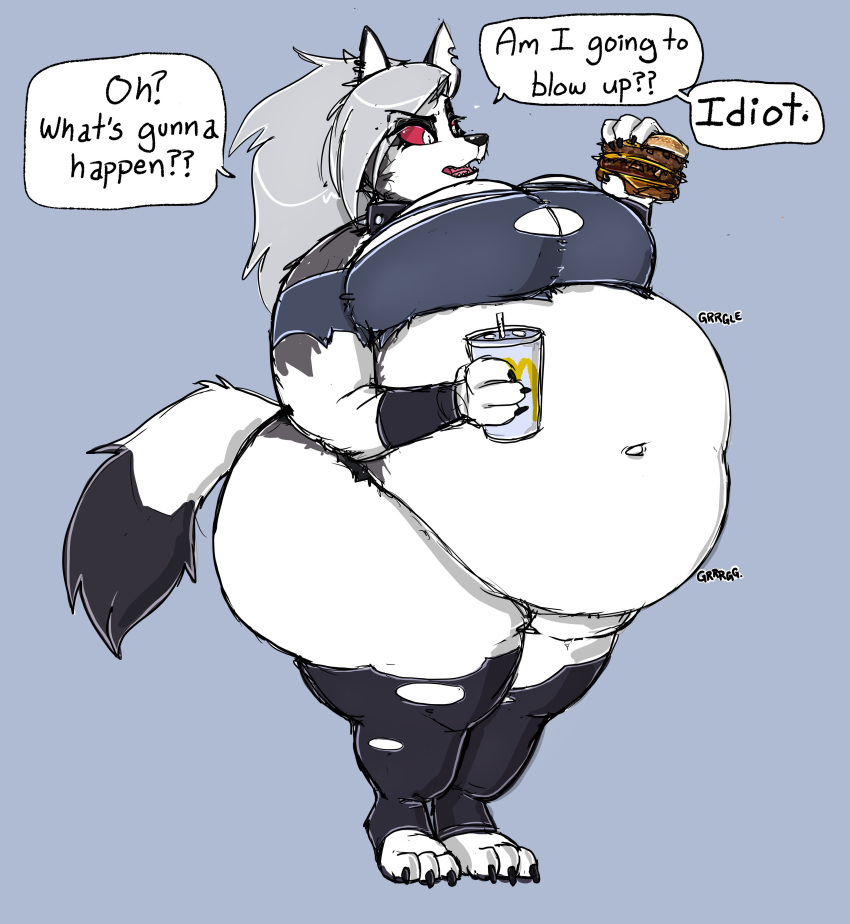 absurd_res anthro belly beverage big_belly big_breasts black_nose breasts burger canid canid_demon clothed clothing demon english_text female food fur grey_body grey_fur grey_hair hair hellhound helluva_boss herro hi_res holding_beverage holding_burger holding_food holding_object loona_(helluva_boss) mammal mcdonald's obese obese_anthro obese_female open_mouth overweight overweight_anthro overweight_female red_sclera rumbling_stomach sharp_teeth solo standing teeth text torn_clothing white_body white_eyes white_fur