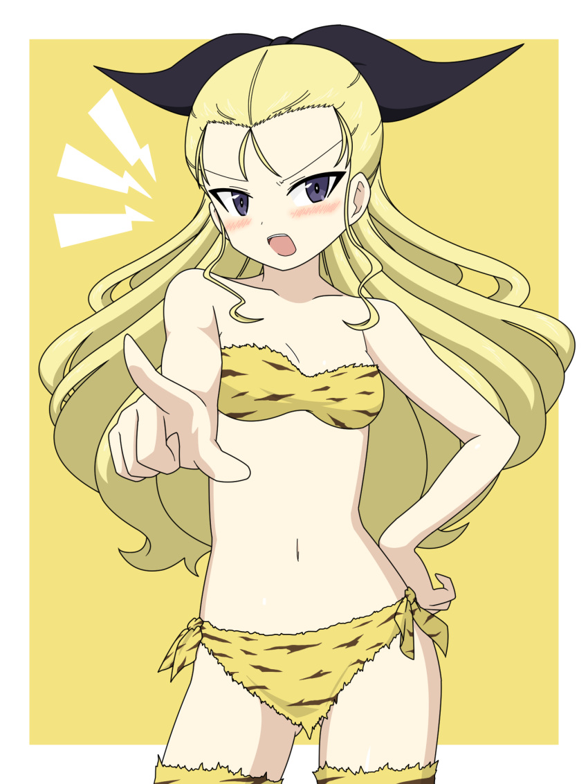 1girl alternate_costume animal_print assam_(girls_und_panzer) bare_shoulders bikini black_ribbon blonde_hair blue_eyes blush breasts commentary frown fur_bikini fur_thighhighs girls_und_panzer hair_pulled_back hair_ribbon hand_on_hip highres ichinose_jun long_hair looking_at_viewer navel open_mouth pointing pointing_at_viewer ribbon setsubun shout_lines side-tie_bikini_bottom small_breasts solo strapless strapless_bikini swimsuit thighhighs tiger_print yellow_bikini yellow_thighhighs