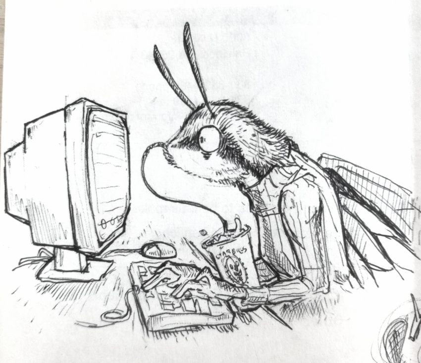 antennae_(anatomy) anthro arthropod bedupolker beverage clothed clothing computer computer_keyboard computer_mouse container cup drinking female fur furniture insect insect_wings lepidopteran lepidopteran_wings moth shirt side_view solo table topwear typing wide_eyed wings