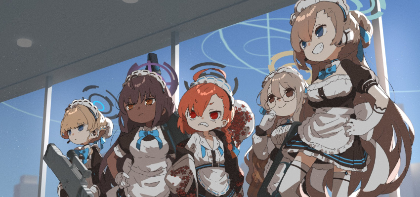 5girls akane_(blue_archive) amonitto apron arm_up asuna_(blue_archive) black_dress black_hair blonde_hair blue_archive blue_eyes braid brown_hair bun_cover clenched_teeth closed_mouth day dress ear_piercing glasses gloves grin hair_between_eyes hair_ribbon halo hand_on_own_hip headset highres holding holding_weapon indoors jacket karin_(blue_archive) long_hair maid maid_headdress multiple_girls neru_(blue_archive) off_shoulder orange_hair piercing red_eyes ribbon shirt side_braid smile teeth thighhighs toki_(blue_archive) very_long_hair weapon white_apron white_gloves white_thighhighs window