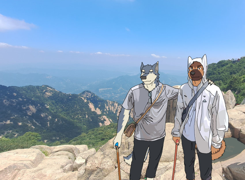 canid canine canis detailed_shading domestic_dog duo german_shepherd handbag herding_dog hi_res humanoid inugami_ei male male/male mammal mountain pastoral_dog photo_background photography_(artwork) scenery standing wolf wolpha wolpha_(character)