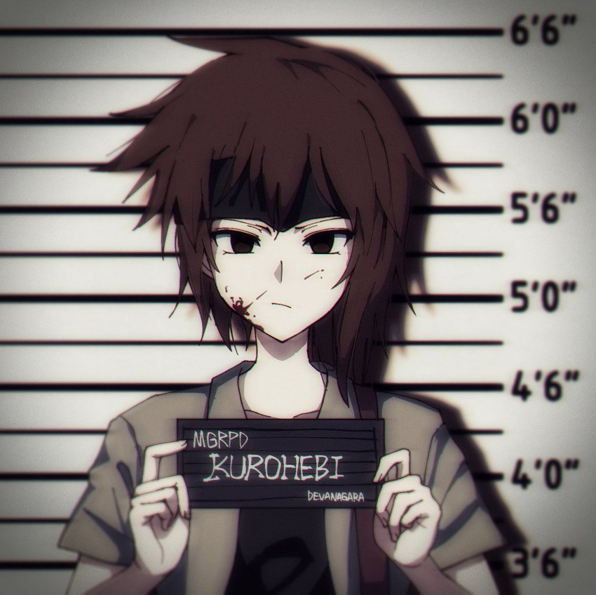 1other androgynous asymmetrical_hair barbie_mugshot_(meme) black_headband black_shirt blood blood_on_face brown_eyes brown_hair card character_name coat green_coat headband height_chart height_mark highres holding holding_card holding_sign kurohebi len'en meme mugshot shirt short_hair short_sleeves sign