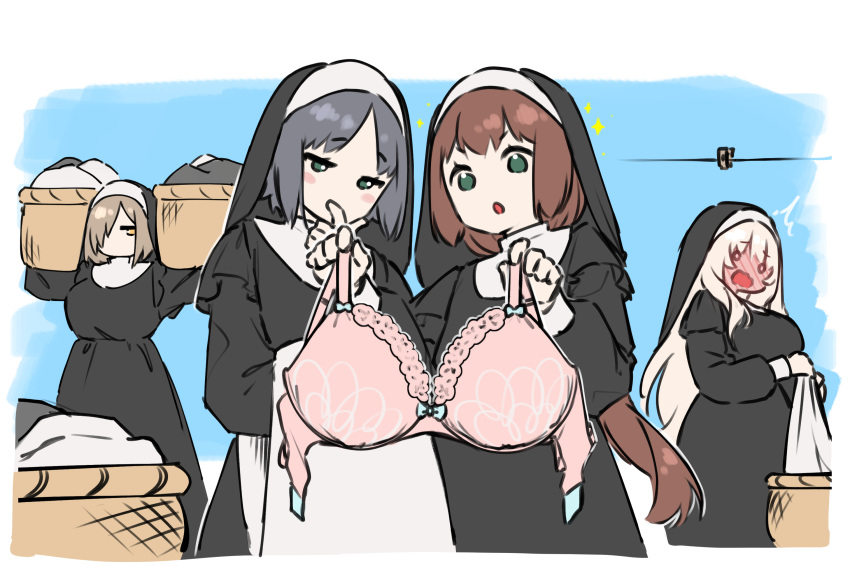 4girls blanche_neige_(svet_yomi) blush bra clothes eyebrows_hidden_by_hair full-face_blush habit hair_between_eyes highres laundry laundry_basket long_hair long_sleeves looking_at_object multiple_girls nun original pink_bra sidelocks sparkle svet_yomi underwear veil white_hair