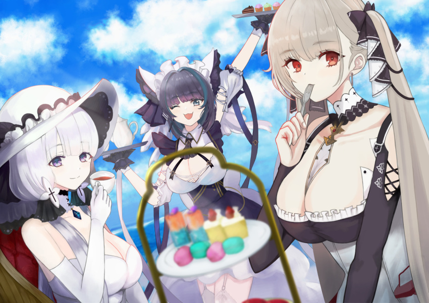 3girls ;d animal_band animal_ears apron azur_lane bare_shoulders between_breasts black_dress blue_gemstone blue_sky breasts cake cake_slice cheshire_(azur_lane) cleavage cloud cup detached_collar detached_sleeves dress dutch_angle earrings elbow_gloves fake_animal_ears food formidable_(azur_lane) frilled_dress frilled_hairband frilled_ribbon frills fruit garter_straps gem gloves gothic_lolita grey_hair hair_ribbon hairband hat holding holding_cup holding_tray illustrious_(azur_lane) jewelry lace-trimmed_headwear lace_trim large_breasts lolita_fashion long_hair long_ribbon looking_at_viewer macaron maid_headdress multicolored_hair multiple_girls necktie necktie_between_breasts ocean one_eye_closed plate puffy_detached_sleeves puffy_sleeves purple_apron purple_eyes purple_hair red_eyes ribbon riku_amano1018 sky smile strapless strapless_dress strawberry strawberry_shortcake streaked_hair sun_hat teacup thighhighs tray twintails two-tone_dress two-tone_hair two-tone_ribbon very_long_hair water whipped_cream white_dress white_garter_straps white_gloves white_hair white_headwear white_thighhighs