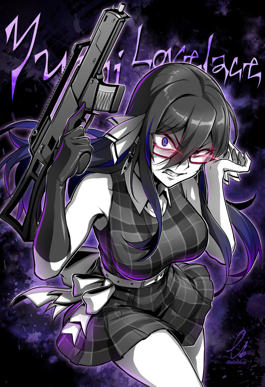 1girl abstract_background angry bare_shoulders belt blue_eyes blue_hair breasts character_name clenched_teeth collared_dress commentary commission cowboy_shot dress earrings ebiblue gesugao glasses gloves gun hair_ribbon highres holding holding_gun holding_weapon indie_virtual_youtuber jewelry large_breasts long_hair looking_at_viewer multicolored_hair plaid ribbon short_dress single_bare_arm single_glove skeb_commission solo streaked_hair teeth trigger_discipline virtual_youtuber weapon yumi_lovelace