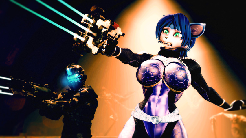 2022 3d_(artwork) 4k absurd_res anthro armor big_breasts blue_body blue_fur blue_hair bodysuit breasts canid canine clothing curvaceous curvy_figure dead_space detailed_background digital_media_(artwork) duo female fingers fox fur gun hair hi_res human isaac_clarke krystal male mammal multicolored_body multicolored_fur nintendo open_mouth ranged_weapon sharp_teeth short_hair skinsuit source_filmmaker star_fox teal_eyes teeth themanwithaquest tight_clothing tongue two_tone_body two_tone_fur voluptuous weapon white_body white_fur