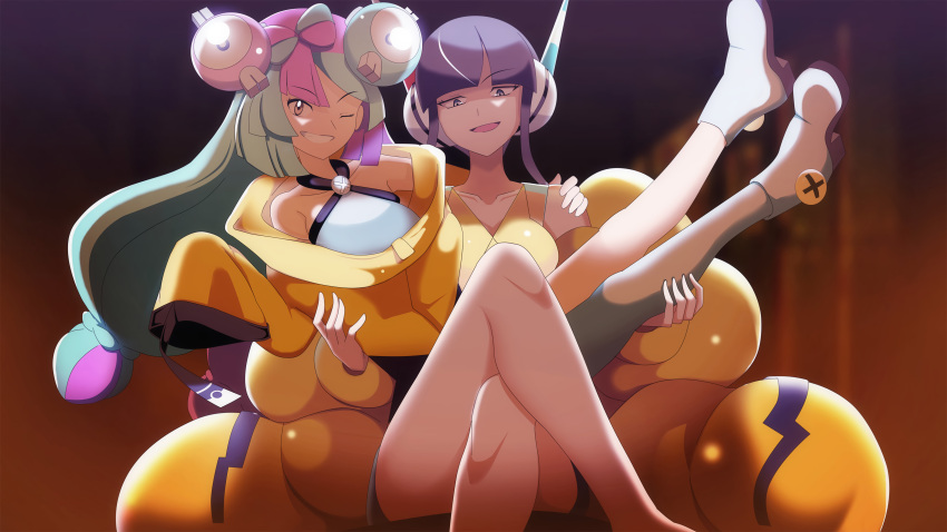 2girls absurdres black_hair blue_eyes blue_hair boots coat crazy_eyes elesa_(pokemon) headphones highres iono_(pokemon) looking_at_viewer multiple_girls one_eye_closed pokemon pokemon_(game) pokemon_bw pokemon_bw2 pokemon_sv smile source_request tagme vivivoovoo waifu2x yellow_coat