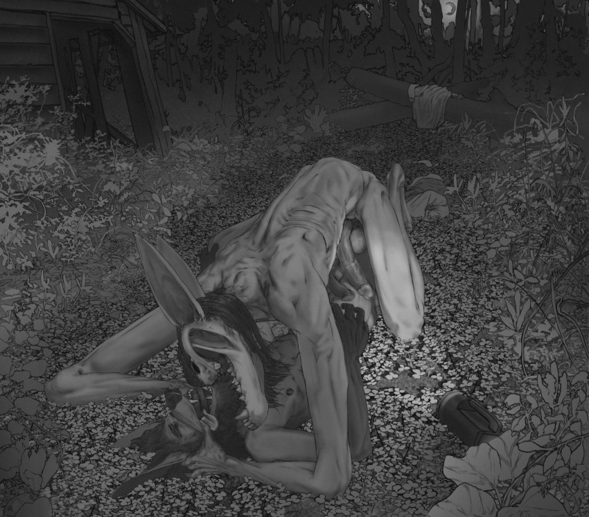 anthro balls big_penis bite bone canid canine duo emericana erection finger_in_mouth forest forest_background fur genitals greyscale hair hi_res horror_(theme) humanoid larger_male male male/male mammal monochrome monster monstrous_humanoid nature nature_background neck_bite nibbling night nipples nude on_top on_top_of outside penis plant size_difference skeletal skull skull_head teeth tongue torch torch_light tree undead
