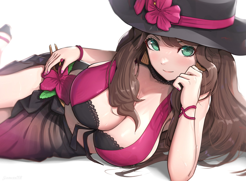 1girl alternate_costume bikini black_headwear bracelet breasts brown_hair choker cleavage closed_mouth commentary_request dorothea_arnault dorothea_arnault_(summer) earrings elbow_rest fire_emblem fire_emblem:_three_houses fire_emblem_heroes flower gonzarez green_eyes hand_on_own_cheek hand_on_own_face hand_on_own_hip hat hat_flower hibiscus highres jewelry large_breasts long_hair looking_at_viewer lying nail_polish navel official_alternate_costume on_side pink_nails purple_nails red_wristband revision sarong sideboob smile solo sun_hat swimsuit two-tone_bikini water_drop wet