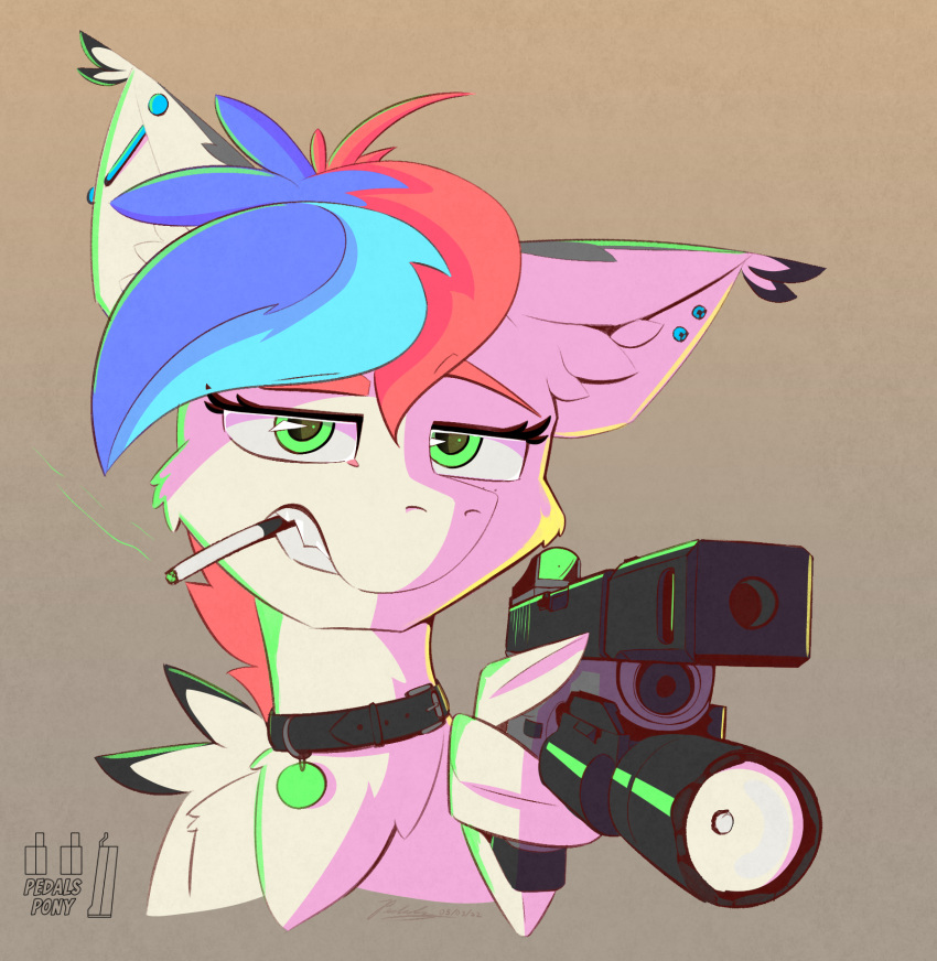 2023 ambiguous_gender blue_hair cigarette collar collar_tag ear_piercing ear_tuft equid equine feral fur green_eyes gun hair hasbro hi_res holding_gun holding_object holding_weapon looking_at_viewer mammal multicolored_hair my_little_pony pedals_(pedalspony) pedalspony_(artist) pegasus piercing ranged_weapon red_hair signature simple_background solo tan_background tuft using_wings weapon white_body white_fur wing_hold wings