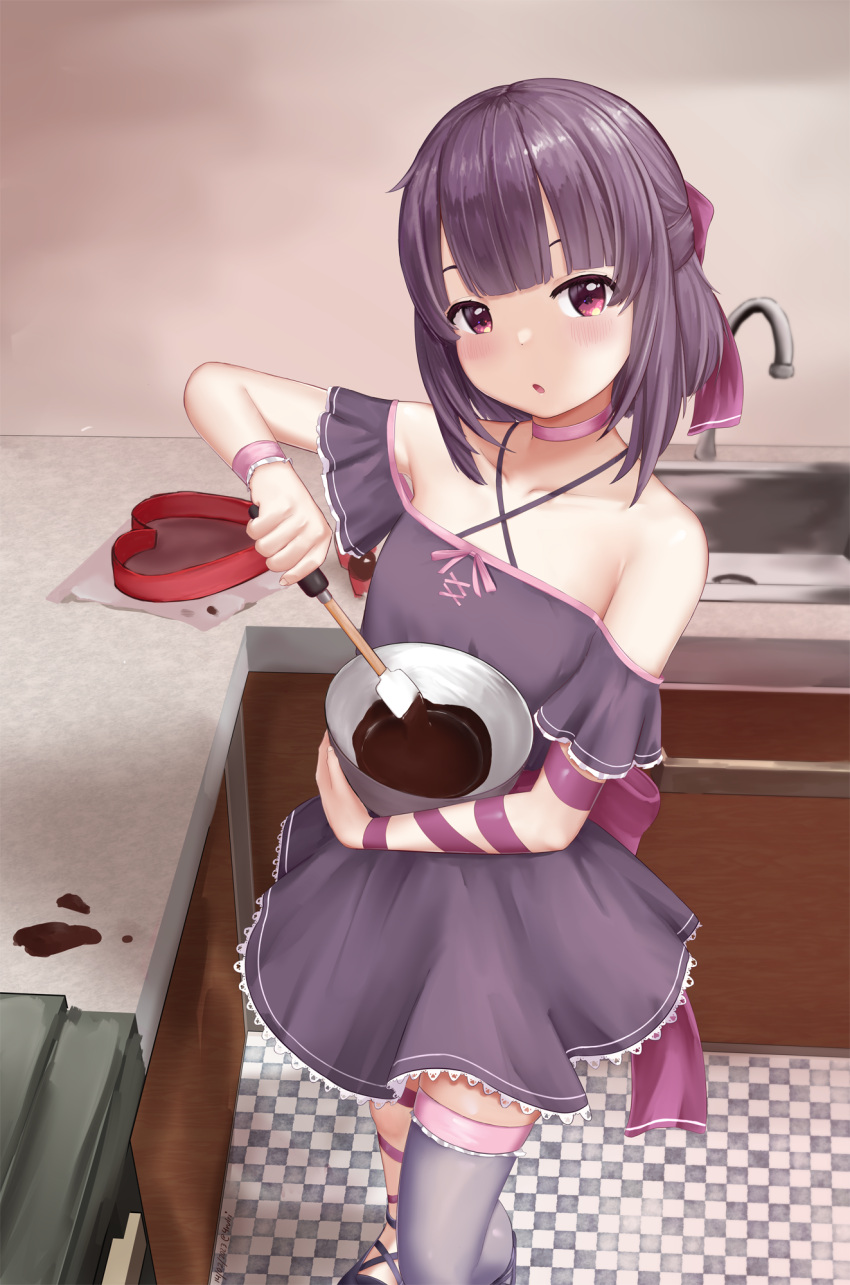 1girl arm_ribbon blush bow box chocolate choker dress fallenshadow gift gift_box hair_bow hair_ornament heart-shaped_box highres indie_virtual_youtuber looking_at_viewer medium_hair pink_choker purple_bow purple_dress purple_eyes purple_hair purple_ribbon purple_thighhighs ribbon rurikon single_thighhigh solo thighhighs valentine virtual_youtuber