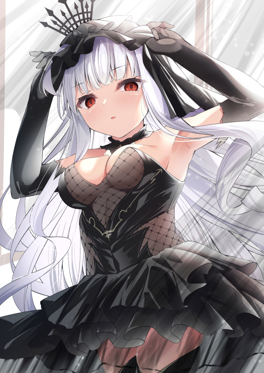 1girl armpits azur_lane backlighting black_dress black_gloves black_veil bridal_veil crown dress elbow_gloves fishnet_fabric gloves highres long_hair looking_at_viewer madotsukumo mini_crown open_mouth queen_elizabeth_(meta)_(azur_lane) red_eyes sleeveless sleeveless_dress solo veil very_long_hair white_hair