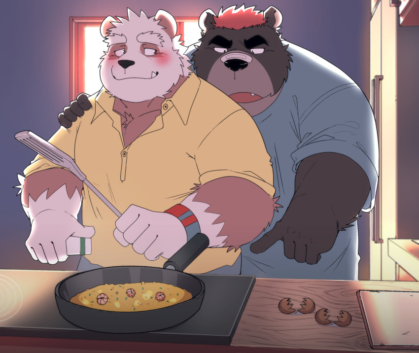 2023 anthro bear black_nose blush clothing cooking cute_fangs duo hi_res humanoid_hands inside kemono kitchen kitchen_utensils male mammal overweight overweight_male shirt tools topwear whitebeast20