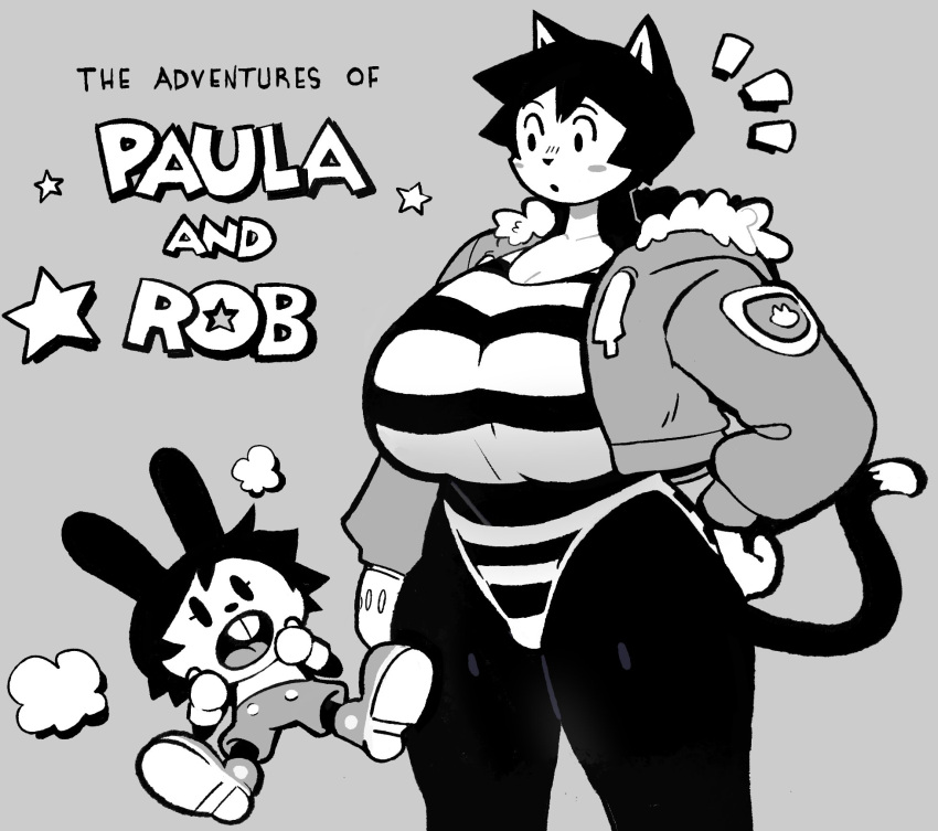 2023 anthro big_breasts black_and_white breasts clothing domestic_cat duo english_text felid feline felis female hi_res hoodie huge_breasts lagomorph leporid male mammal monochrome newtype_hero paula_(newtype_hero) rabbit rob_(newtype_hero) rubberhose text toony topwear