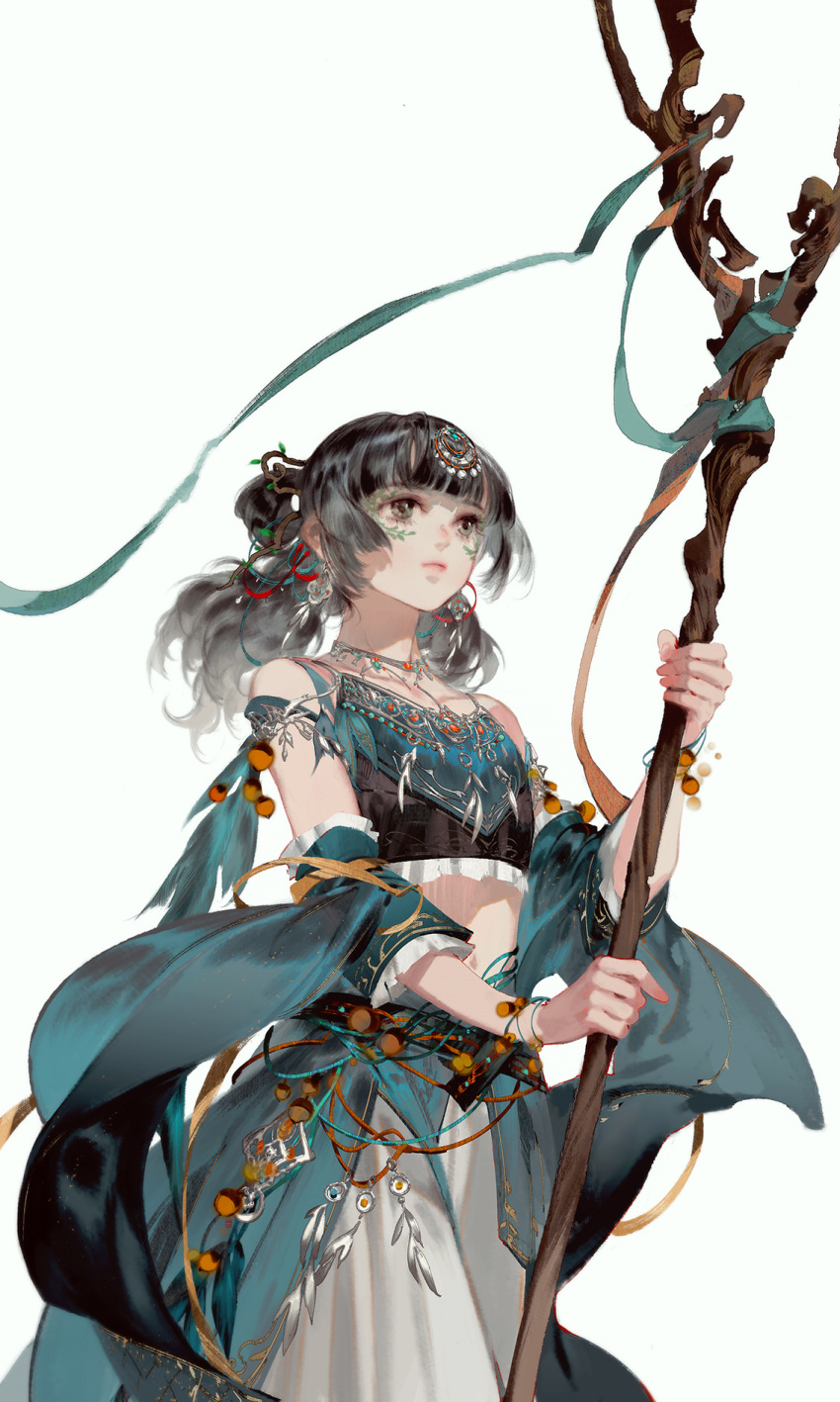 1boy 1girl black_hair blunt_bangs bracelet brown_eyes closed_mouth collarbone cowboy_shot detached_sleeves earrings fingernails highres holding holding_wand ibuki_satsuki jewelry long_hair looking_ahead looking_up necklace original sidelocks simple_background solo standing traditional_clothes wand white_background