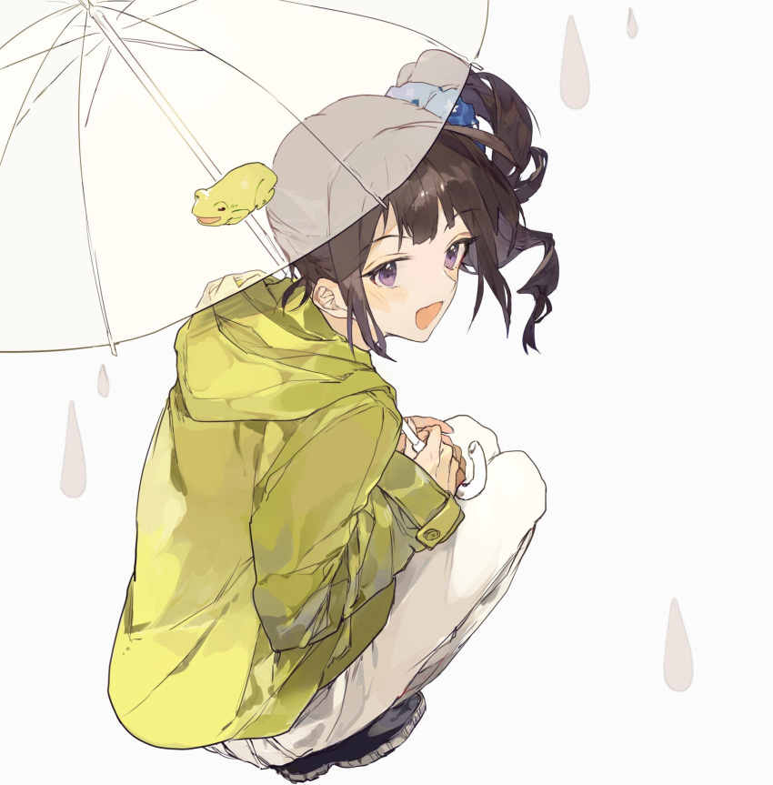 1girl ahoge blue_scrunchie blush breasts brown_hair drill_hair frog from_behind green_raincoat hair_ornament hair_scrunchie highres holding holding_umbrella hood hood_down idolmaster idolmaster_million_live! idolmaster_million_live!_theater_days long_sleeves looking_at_viewer looking_back medium_breasts open_mouth pants print_scrunchie purple_eyes raincoat scrunchie side_drill side_ponytail sidelocks simple_background smile socha_(sotyahamu) solo squatting transparent transparent_umbrella umbrella water_drop white_background white_pants yokoyama_nao