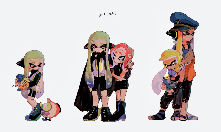 absurdres age_progression agent_3_(splatoon) agent_3_(splatoon_3) agent_8_(splatoon) arm_around_shoulder boots cloak expressionless green_hair hat headphones highres inkling inkling_girl miniskirt octarian octoling octoling_girl pink_hair sandals simple_background skirt smallfry_(splatoon) splatoon_(series) splatoon_1 splatoon_2 splatoon_2:_octo_expansion splatoon_3 squidbeak_splatoon tentacle_hair zapfish zicbx