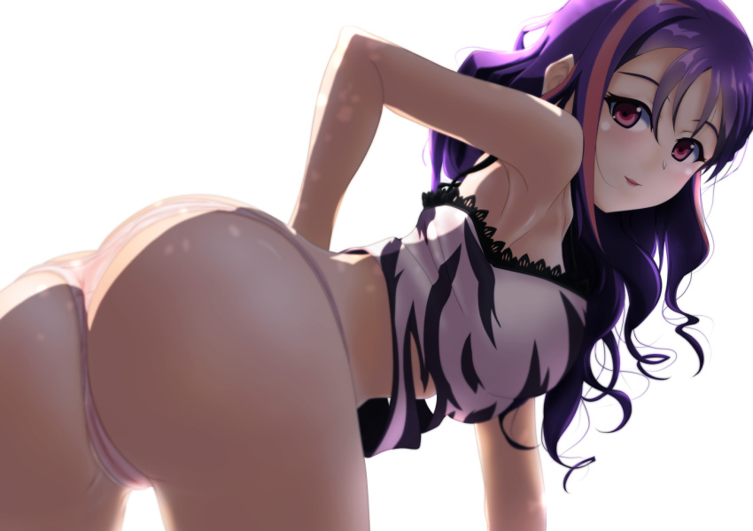 1girl alternate_hairstyle arm_behind_back ass backlighting bent_over breasts camisole closed_mouth commentary_request cowboy_shot crotch_seam from_behind hair_down jou_(circlemay) kazuno_sarah lace-trimmed_camisole lace_trim leaning_forward long_hair looking_at_viewer looking_back love_live! love_live!_sunshine!! medium_breasts multicolored_hair panties partial_commentary pink_hair print_camisole purple_eyes purple_hair simple_background smile solo standing streaked_hair thong underwear underwear_only white_background white_camisole white_panties