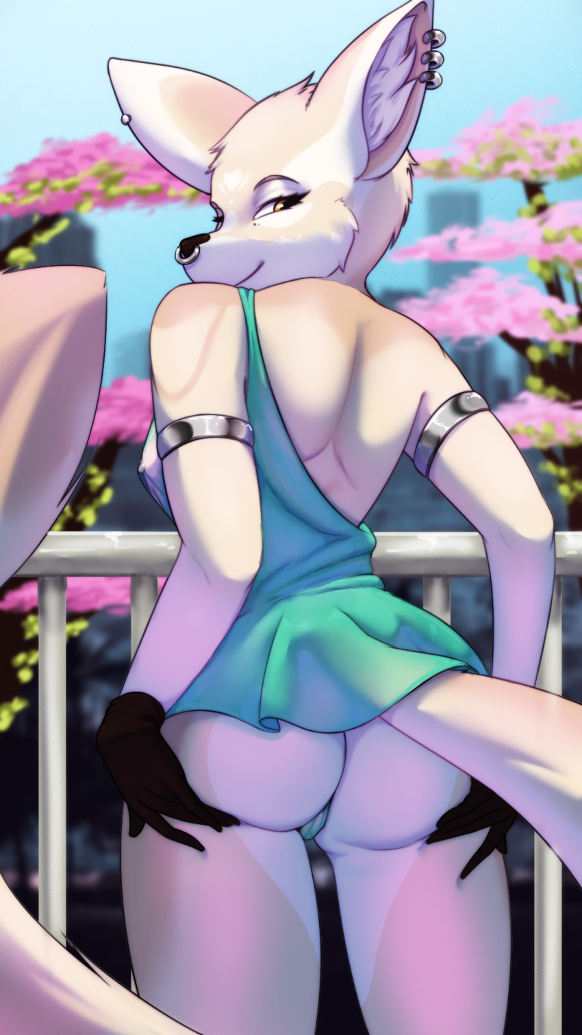 5_fingers anthro butt canid canine clothing dress ear_piercing ear_ring facial_piercing female fennec fingers fox hi_res looking_at_viewer looking_back mammal nose_piercing nose_ring outside panties piercing ring_piercing sanaa_(null-hypothesis) underwear