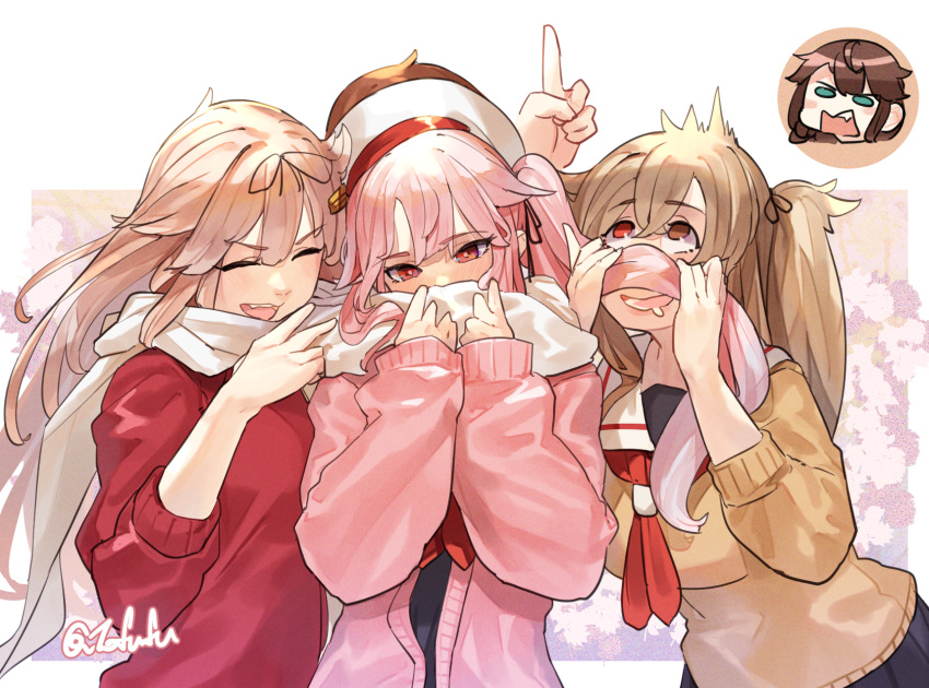 4girls beret black_ribbon blonde_hair brown_eyes brown_hair brown_sweater cardigan commentary_request drooling fuwafuwatoufu hair_flaps hair_ribbon harusame_(kancolle) hat highres index_finger_raised kantai_collection light_brown_hair long_hair long_sleeves mouth_drool multiple_girls murasame_(kancolle) pink_cardigan pink_eyes pink_hair red_sweater ribbon scarf shared_clothes shared_scarf shigure_(kancolle) side_ponytail simple_background smelling sweater twintails twitter_username white_scarf yuudachi_(kancolle) yuudachi_kai_ni_(kancolle)