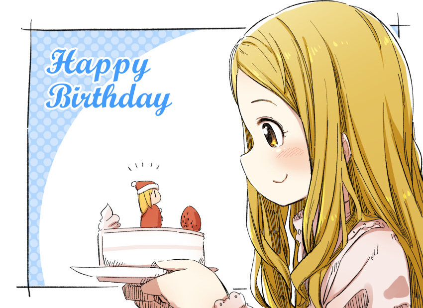 1girl blonde_hair blue_background blush brown_eyes cake cake_slice character_request closed_mouth food from_side fruit happy_birthday highres holding holding_plate idolmaster long_hair long_sleeves parted_bangs pink_shirt plate polka_dot polka_dot_background profile shirt smile solo strawberry two-tone_background white_background yukie_(kusaka_shi)