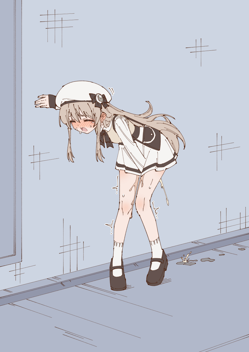 1girl ^_^ absurdres against_wall alley arm_up beret between_legs black_bow black_bowtie blush bow bowtie brown_hair closed_eyes collared_shirt commentary_request ear_blush embarrassed flat_chest flat_color full_body grey_background grey_gemstone hair_between_eyes hand_between_legs hat hat_bow have_to_pee heel_up highres ivorine_(rune_(dualhart)) knees_together_feet_apart leaning_forward legs long_hair long_sleeves miniskirt nose_blush open_mouth original outdoors partial_commentary pee peeing peeing_self pleated_skirt raised_eyebrows rune_(dualhart) shirt shirt_tucked_in sidelocks skirt solo standing sweat tears thighs tile_wall tiles trembling vest white_headwear white_shirt white_skirt yellow_vest