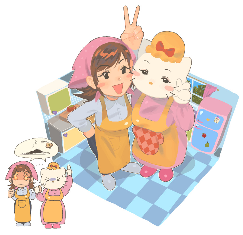 &gt;_&lt; 2girls apron blush_stickers brown_hair chzzei closed_mouth cooking_mama crossover flaming_eyes hat head_scarf hello_kitty highres kitchen looking_at_viewer mama_(cooking_mama) mary_white multiple_girls multiple_views sanrio shared_speech_bubble speech_bubble trait_connection v whiskers yellow_apron