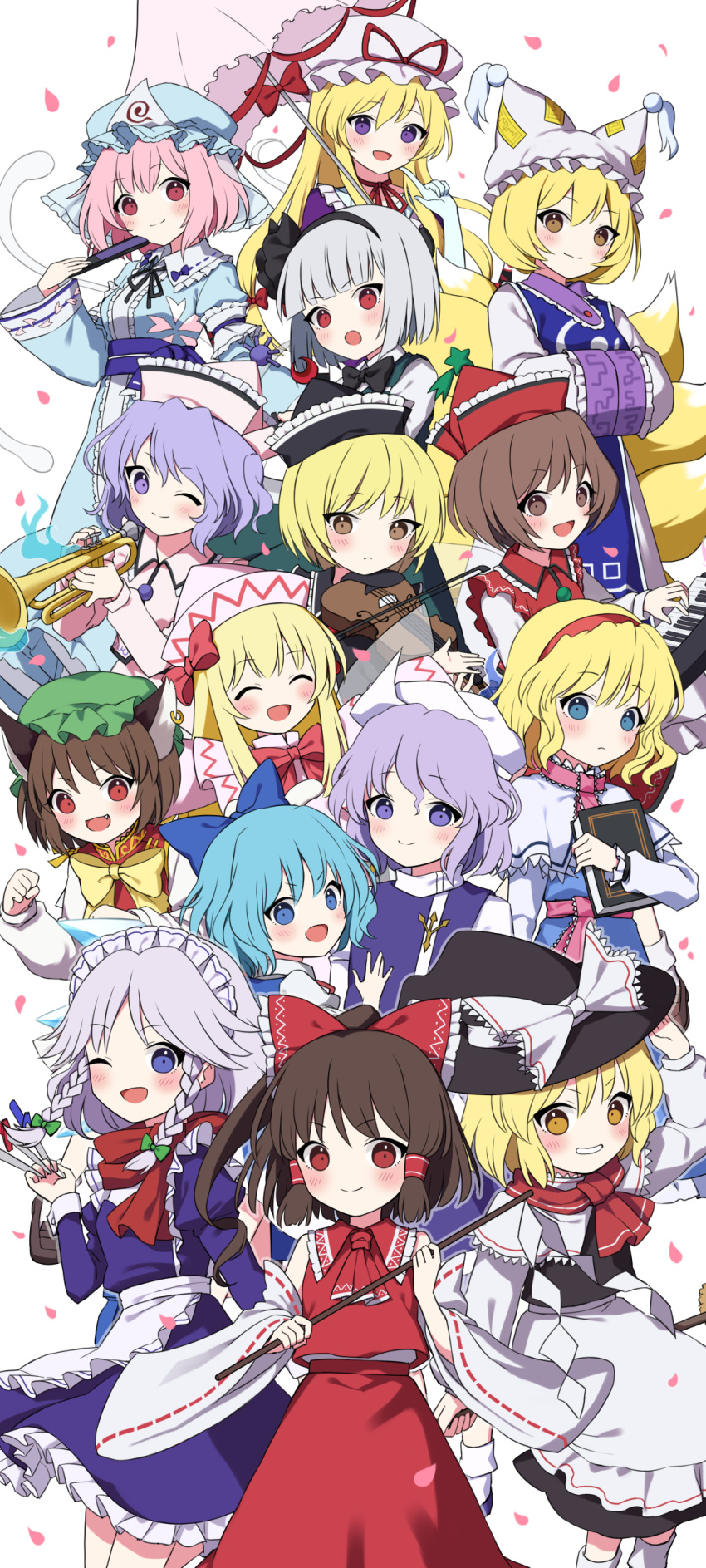 6+girls absurdres alice_margatroid animal_ears apron ascot bare_shoulders black_hairband black_headwear black_ribbon black_skirt black_vest blonde_hair blue_bow blue_dress blue_eyes blue_hair blue_headwear blue_kimono blue_vest blush book bow bow_(music) braid broom brown_eyes brown_hair capelet cat_ears chen cirno closed_eyes closed_mouth collared_shirt detached_sleeves dress earrings elbow_gloves fairy fairy_wings folded_fan folding_fan fox_ears fox_tail frilled_apron frilled_dress frilled_kimono frills gloves gohei green_headwear green_skirt green_vest grey_hair grimoire_of_alice hair_bow hair_ribbon hair_tubes hairband hakurei_reimu hand_fan hands_in_opposite_sleeves hat hat_bow hat_ribbon highres holding holding_fan holding_gohei holding_instrument holding_knife ice ice_wings instrument izayoi_sakuya japanese_clothes jewelry keyboard_(instrument) kimono kirisame_marisa knife konpaku_youmu letty_whiterock light_purple_hair lily_white long_hair long_sleeves lunasa_prismriver lyrica_prismriver maid maid_headdress merlin_prismriver mob_cap multiple_girls multiple_tails nontraditional_miko one_eye_closed open_mouth outstretched_arms perfect_cherry_blossom pink_eyes pink_hair pink_headwear pink_vest purple_dress purple_eyes red_ascot red_bow red_dress red_eyes red_hairband red_headwear red_ribbon red_scarf red_skirt red_vest ribbon ribbon-trimmed_sleeves ribbon_trim saigyouji_yuyuko scarf shirt short_hair sidelocks simple_background single_braid single_earring skirt sleeve_garter smile spread_arms suzuno_naru tabard tail touhou triangular_headpiece trumpet twin_braids umbrella vest violin waist_apron white_apron white_background white_bow white_capelet white_dress white_gloves white_headwear white_shirt white_sleeves wide_sleeves wings witch_hat yakumo_ran yakumo_yukari yellow_eyes