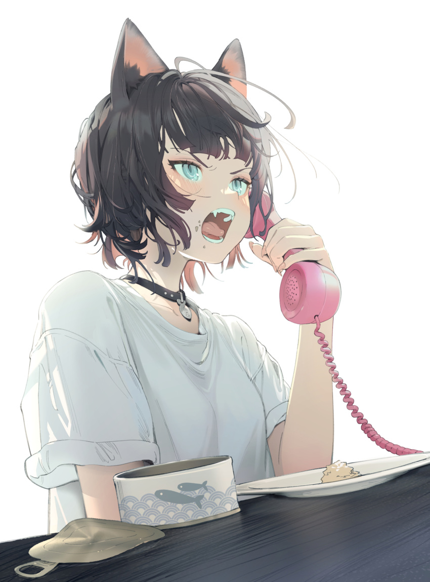 1girl black_collar black_hair blue_eyes blush canned_fish collar commentary_request corded_phone fangs formalin hand_up highres holding holding_phone open_mouth original phone plate shirt short_sleeves simple_background solo tongue upper_body v-shaped_eyebrows white_background white_shirt