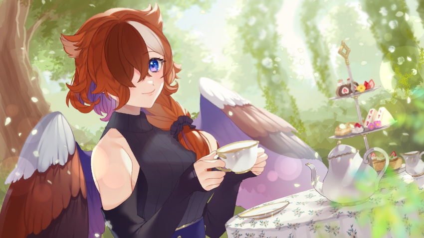 1girl animal_ears bare_shoulders bird_girl bird_wings black_sweater brown_hair brown_wings cake closed_mouth clothing_cutout colored_inner_hair commission cup eikura_hana estelle_(cieluscian) feathered_wings food forest hair_ornament hair_over_one_eye hair_over_shoulder hair_scrunchie hands_up highres holding holding_cup long_hair long_sleeves looking_at_viewer low-tied_long_hair multicolored_hair nature original outdoors pastry petals purple_eyes purple_hair purple_wings saucer scrunchie second-party_source shoulder_cutout skeb_commission sleeveless sleeves_past_wrists smile solo streaked_hair sweater table teacup teapot tiered_tray tree turtleneck turtleneck_sweater upper_body white_wings wings