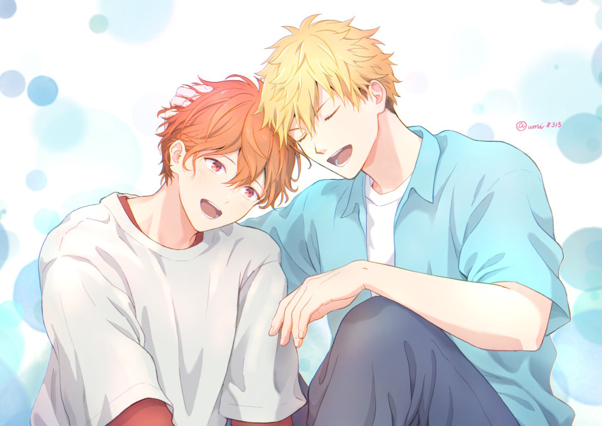 2boys black_pants blue_shirt closed_eyes collared_shirt given hand_on_another's_head highres knees light_blush light_green_hair male_focus multiple_boys open_mouth orange_eyes orange_hair pants polka_dot polka_dot_background satou_mafuyu shirt signature smile sweater twitter_username umi8315 upper_body white_background white_sweater yaoi yoshida_yuki_(given)