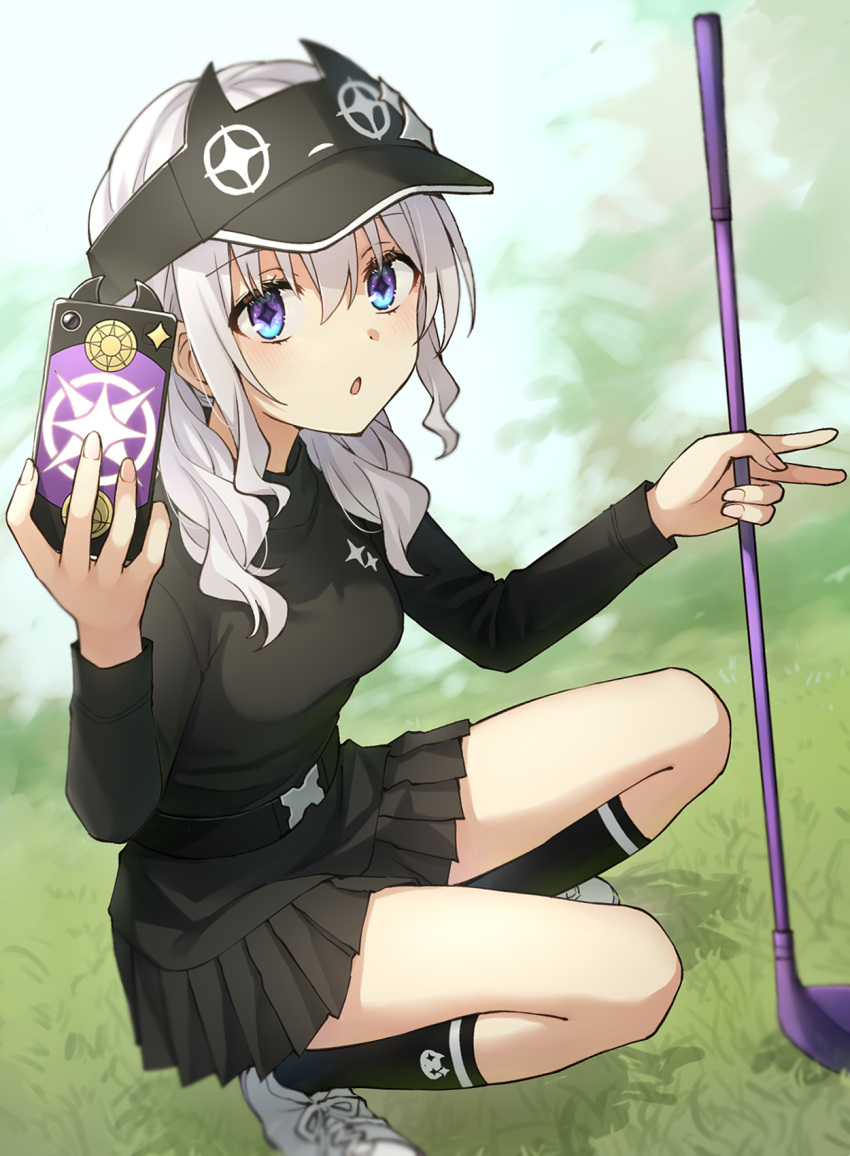 1girl black_headwear black_shirt black_skirt black_socks blue_eyes breasts cellphone commentary_request day golf_club grey_hair hair_between_eyes highres holding holding_phone long_hair long_sleeves looking_at_viewer medium_breasts original outdoors parted_lips phone pleated_skirt shirt shoes skirt socks solo somechime_(sometime1209) squatting visor_cap white_footwear