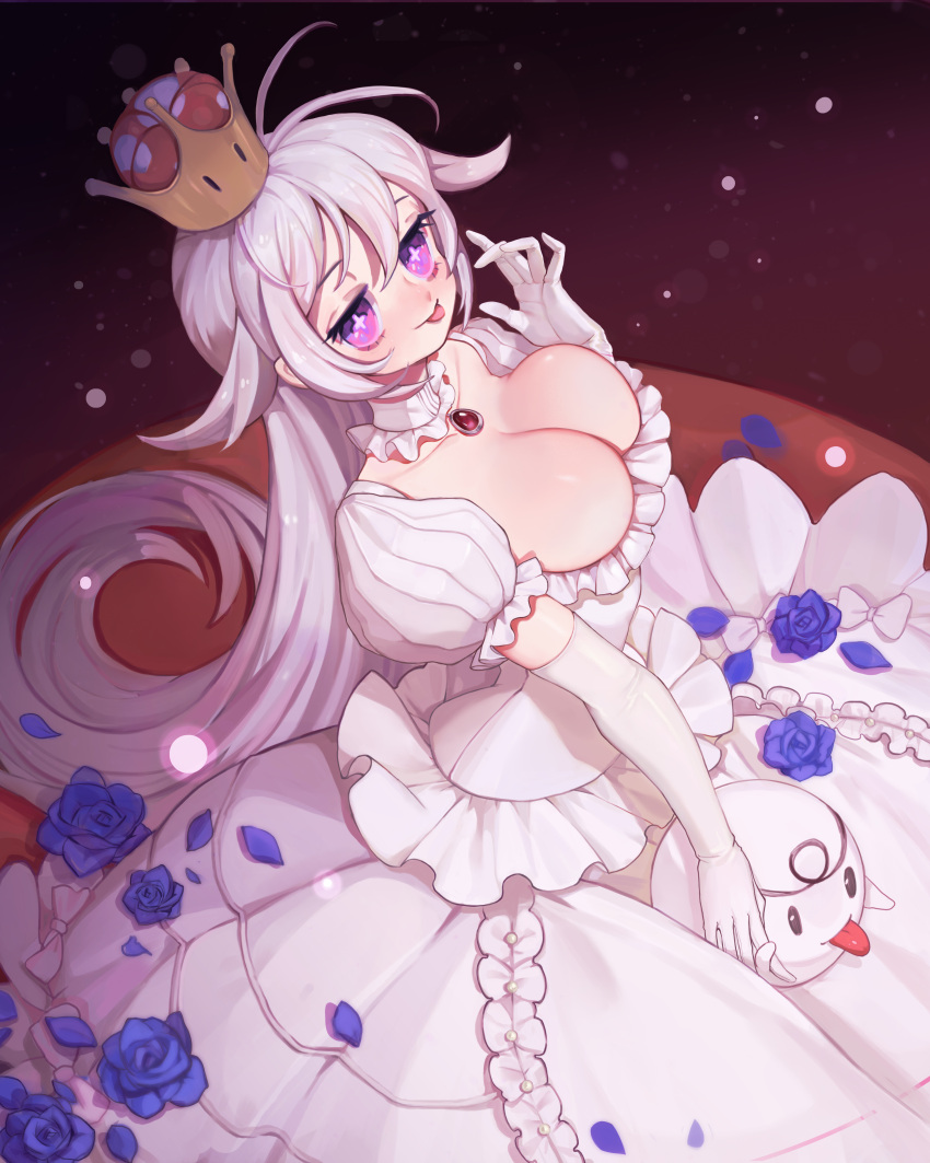 +_+ 1girl absurdres bad_arm blue_flower boo_(mario) breasts brooch cleavage crown detached_collar dress elbow_gloves flower frilled_dress frills gloves hand_up highres jewelry large_breasts long_hair long_neck looking_at_viewer luigi's_mansion mario_(series) new_super_mario_bros._u_deluxe princess_king_boo puffy_short_sleeves puffy_sleeves renxing_xibao short_sleeves smile super_crown tongue tongue_out white_dress white_gloves white_hair