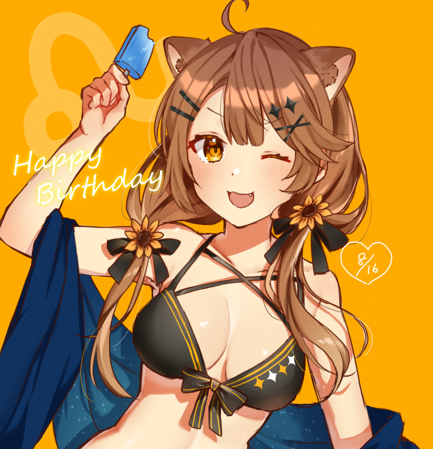 1girl :3 ahoge animal_ear_fluff animal_ears arm_up bare_shoulders bikini black_bikini blush breasts brown_hair cleavage dated fang flower food hair_flower hair_ornament hairclip happy_birthday highres holding holding_food holding_popsicle lion_ears long_hair looking_at_viewer low_twintails one_eye_closed open_mouth orange_eyes popsicle re:act sawamaru_0528 shawl shishigami_leona simple_background small_breasts smile solo swimsuit twintails upper_body virtual_youtuber yellow_background