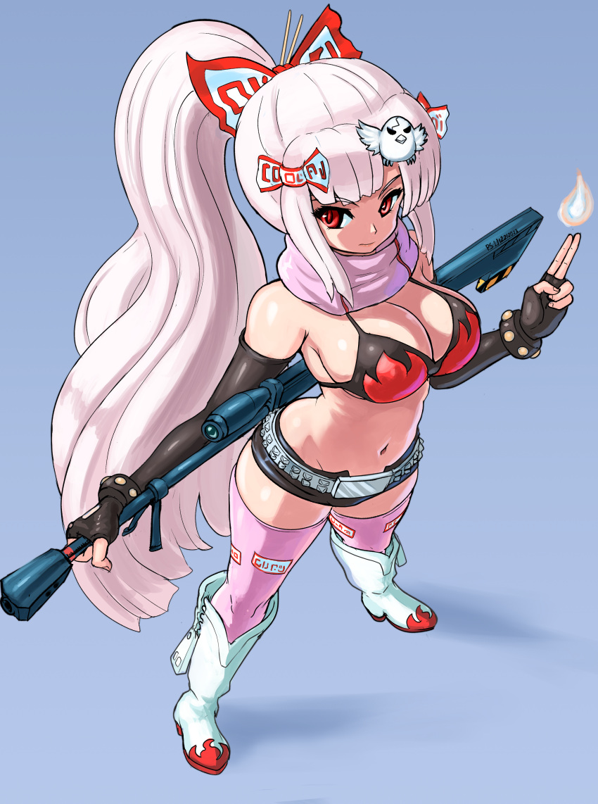 1girl absurdres belt bikini bikini_top_only black_gloves black_shorts blue_background blunt_bangs boots bow breasts cleavage closed_mouth commentary cosplay elbow_gloves english_commentary fingerless_gloves fire fujiwara_no_mokou full_body gloves gun hair_bow high_ponytail highres holding holding_gun holding_weapon large_breasts long_hair looking_to_the_side medium_bangs metal_belt open_fly pink_scarf pink_thighhighs ponytail profitshame red_eyes rifle scarf short_shorts shorts sidelocks sniper_rifle solo standing studded_belt swimsuit tengen_toppa_gurren_lagann thighhighs touhou very_long_hair weapon white_bow white_footwear white_hair yoko_littner yoko_littner_(cosplay)