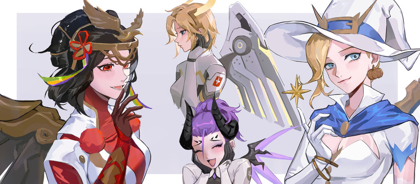 absurdres black_hair blonde_hair devil_mercy halo hat highres mechanical_halo mercy_(overwatch) multiple_persona overwatch overwatch_2 smile wings witch witch_hat witch_mercy yellow_wings yshua
