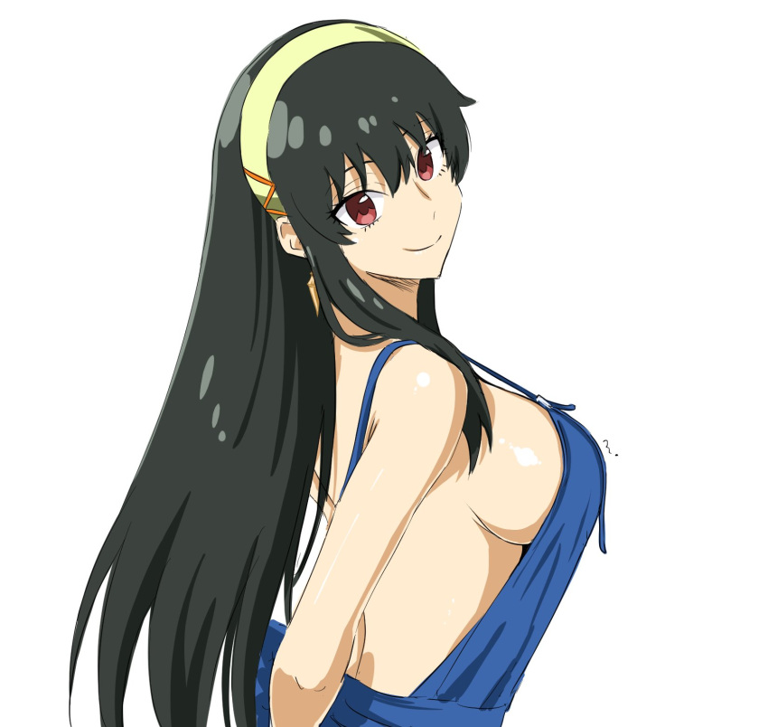 1girl apron arms_behind_back back bare_shoulders black_hair blue_apron breasts drop_earrings earrings gold_earrings gold_hairband hair_between_eyes hairband head_tilt highres jewelry large_breasts long_hair looking_at_viewer mitsugu naked_apron red_eyes shiny_skin sideboob sidelocks simple_background sleeveless smile solo spy_x_family upper_body white_background yor_briar