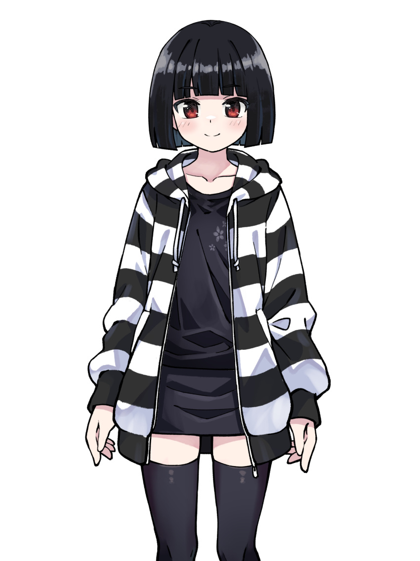 1girl akemiho_tabi_nikki black_hair black_shirt black_skirt black_thighhighs blush bob_cut closed_mouth collarbone commentary_request drawstring feet_out_of_frame fukube_tamaki gendai_ninjakko_zukan highres hood hood_down hooded_jacket jacket kouno_hikaru long_sleeves looking_at_viewer open_clothes open_jacket puffy_long_sleeves puffy_sleeves red_eyes shirt short_hair simple_background skirt sleeves_past_wrists smile solo standing striped striped_jacket thighhighs white_background