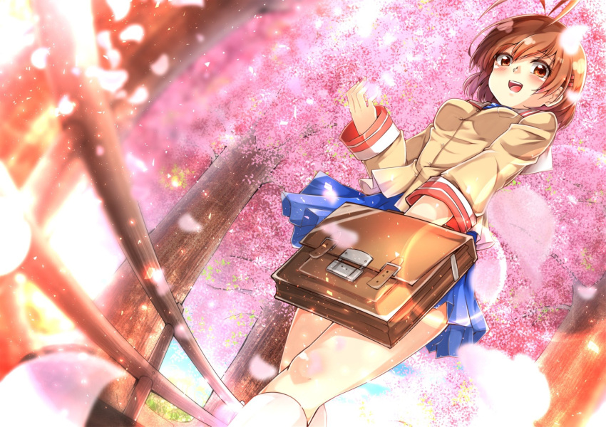 1girl :d antenna_hair bag bloom blue_skirt blurry blush breasts brown_bag brown_eyes brown_hair cherry_blossoms clannad commentary_request day depth_of_field dutch_angle eyelashes falling_petals feet_out_of_frame fingernails foreshortening from_below furukawa_nagisa hair_between_eyes hair_ornament hairclip hand_up highres holding holding_bag jacket lens_flare long_sleeves looking_at_viewer looking_down medium_breasts medium_hair miniskirt open_mouth outdoors petals pleated_skirt shinonome_mozuku skirt smile socks solo standing tree white_socks wind wind_lift yellow_jacket