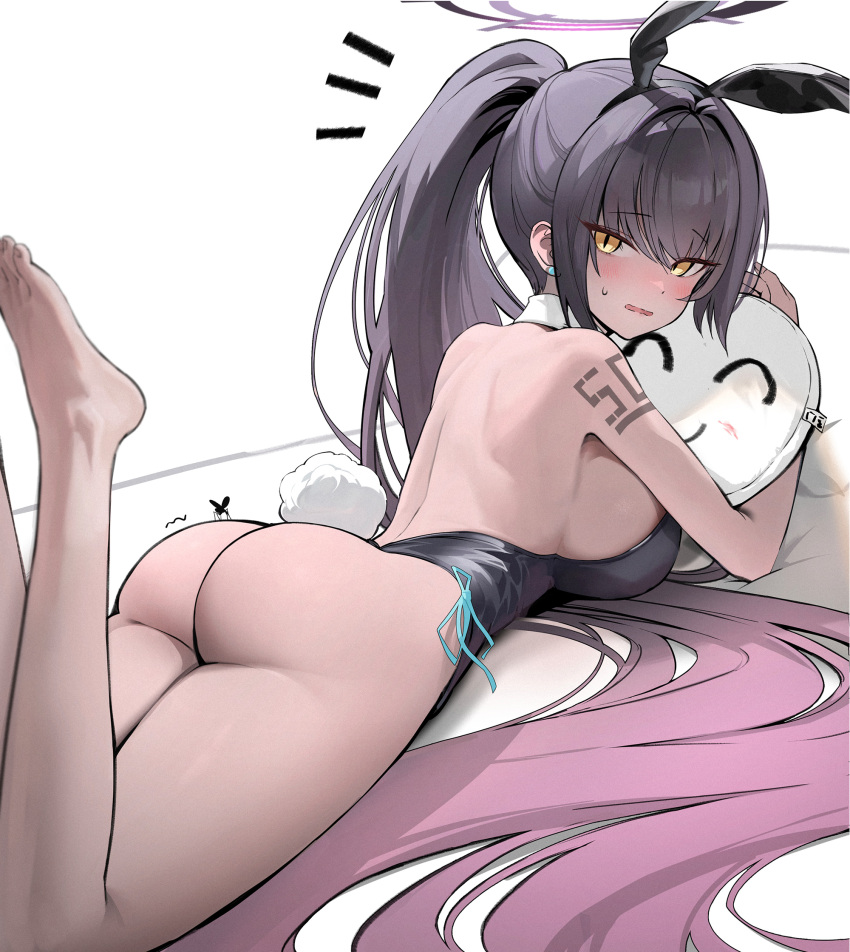 1girl animal_ears animal_on_ass arm_tattoo arona's_sensei_doodle_(blue_archive) ass bare_legs barefoot black_hair black_leotard blue_archive blush breasts bug commentary_request dark-skinned_female dark_skin detached_collar fake_animal_ears fake_tail feet_up gradient_hair halo highres hugging_object karin_(blue_archive) karin_(bunny)_(blue_archive) large_breasts leotard looking_at_viewer looking_back malon_(chuan2700) median_furrow mosquito motion_lines multicolored_hair number_tattoo official_alternate_costume playboy_bunny ponytail purple_hair rabbit_ears rabbit_tail sensei_(blue_archive) shoulder_blades sideboob solo strapless strapless_leotard sweatdrop tail tattoo thighs toes