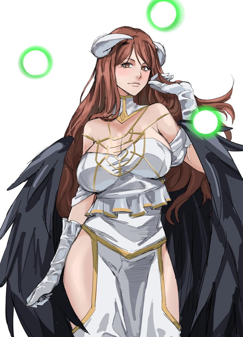 1girl absurdres adjusting_hair albedo_(overlord) albedo_(overlord)_(cosplay) bare_shoulders black_wings breasts brown_eyes brown_hair cerovein closed_mouth commentary_request cosplay detached_collar dress elbow_gloves energy_ball english_commentary feathered_wings gloves highres hip_vent large_breasts large_wings long_hair looking_at_viewer low_horns low_wings mixed-language_commentary mugino_shizuri off-shoulder_dress off_shoulder psychic solo strapless strapless_dress toaru_kagaku_no_railgun toaru_kagaku_no_railgun_s toaru_majutsu_no_index white_background white_dress white_gloves wings