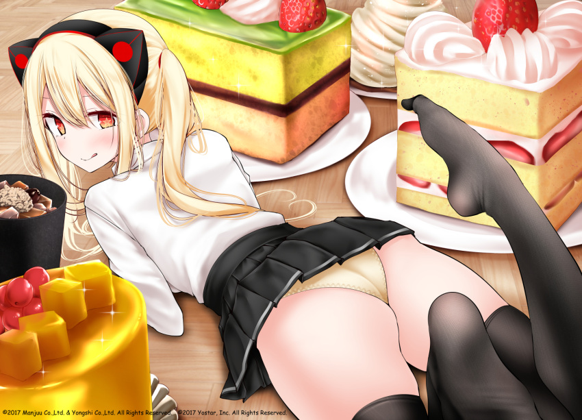 1girl animal_ears ass azur_lane black_skirt black_thighhighs blonde_hair cake cake_slice cat_ears concord_(azur_lane) fake_animal_ears food highres long_sleeves lying miniskirt official_art on_floor on_stomach oouso orange_eyes panties pleated_skirt shirt skirt solo star-shaped_pupils star_(symbol) symbol-shaped_pupils the_pose thighhighs underwear white_shirt yellow_panties