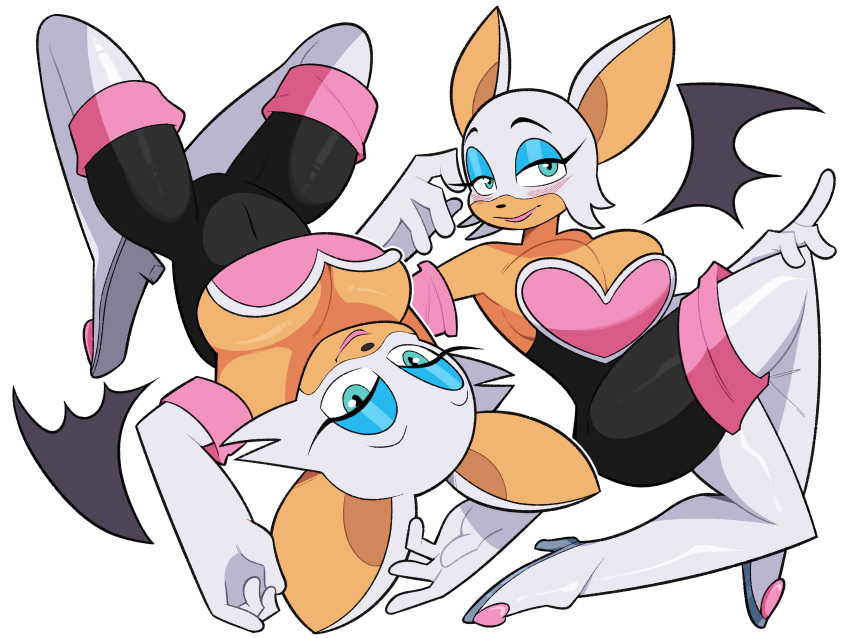 absurd_res anthro bat biped blue_eyes blush breasts cleavage clothed clothing eyeliner female fur hi_res idolomantises makeup mammal rouge_the_bat sega simple_background smile solo sonic_the_hedgehog_(series) tan_body white_background white_body white_fur