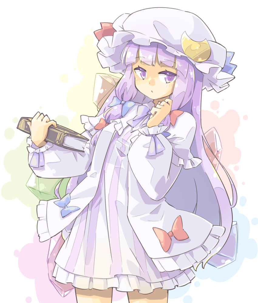 1girl arm_up arnest blue_bow blue_ribbon blunt_bangs book bow commentary crescent crescent_hat_ornament dress dress_bow frilled_dress frills hair_bow hat hat_ornament hat_ribbon highres holding holding_book light_blush long_hair mob_cap parted_lips patchouli_knowledge puffy_sleeves purple_eyes purple_hair red_bow red_ribbon ribbon robe shaded_face simple_background solo touhou very_long_hair