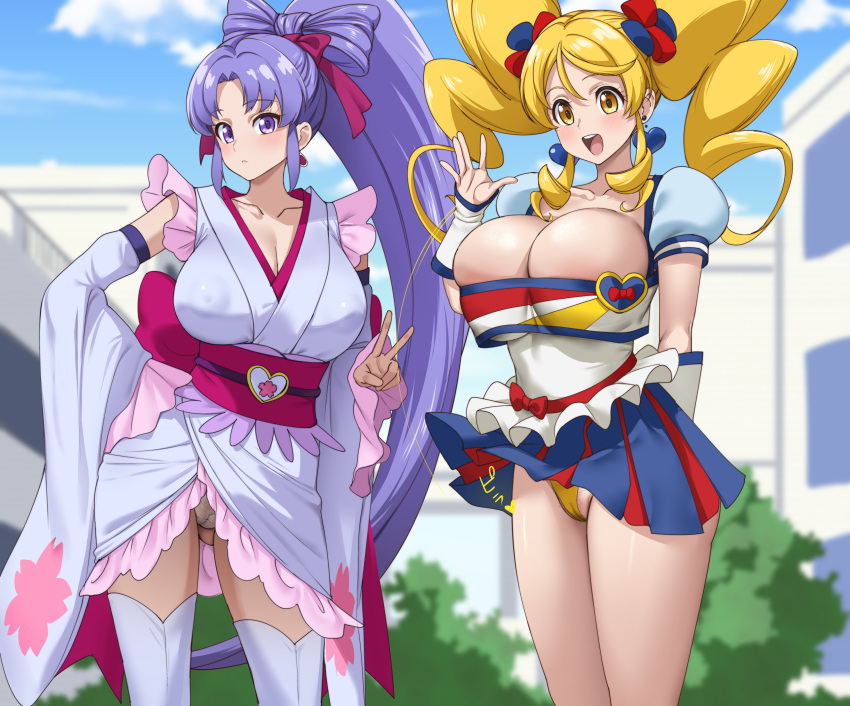 2girls arm_behind_back blonde_hair blue_sky bow breasts building cleavage cloud covered_nipples cure_fortune cure_honey day detached_sleeves earrings fuooooo hair_bow hair_ribbon hand_on_own_hip happinesscharge_precure! highres japanese_clothes jewelry kimono large_breasts multiple_girls open_mouth outdoors paid_reward_available panties ponytail precure pubic_hair purple_eyes purple_hair ribbon skirt sky standing teeth thighhighs twintails underwear upper_teeth_only v white_thighhighs yellow_eyes yellow_panties